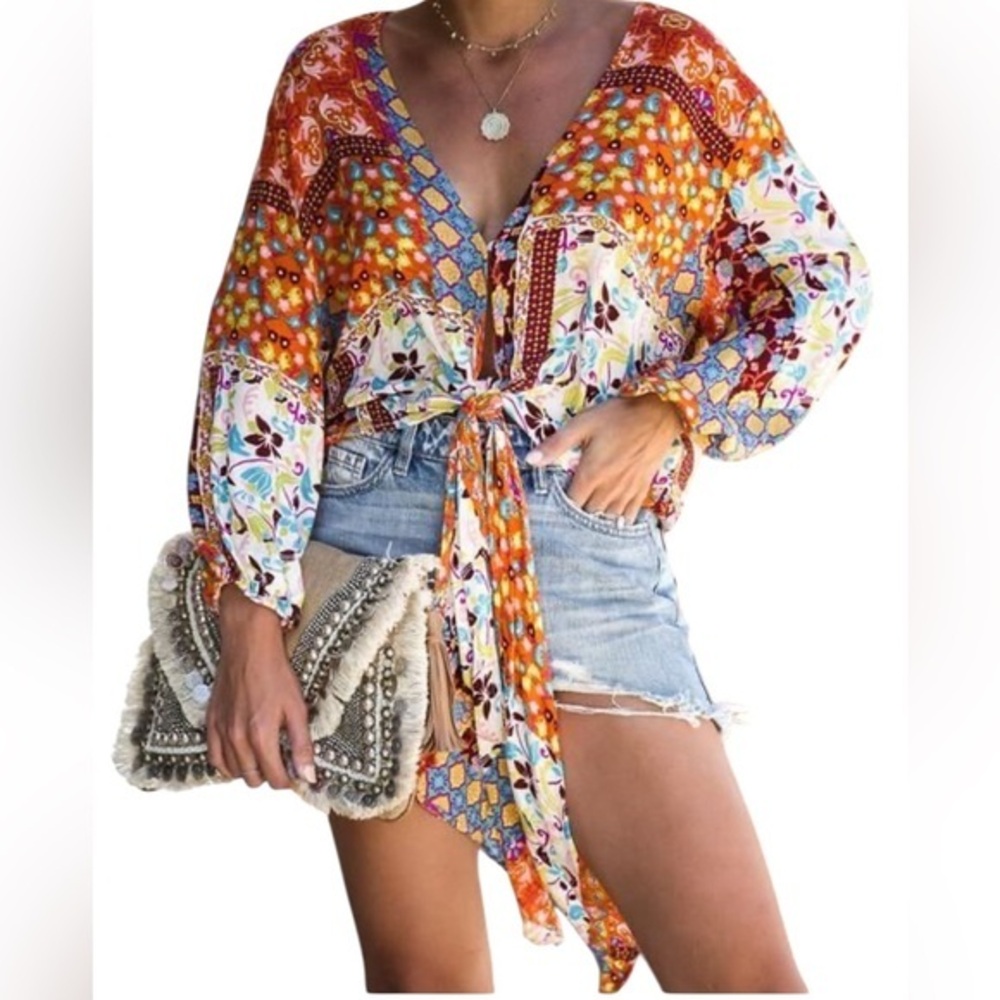 Blu Pepper Vibrant Orange and Blue Floral Boho Blouse